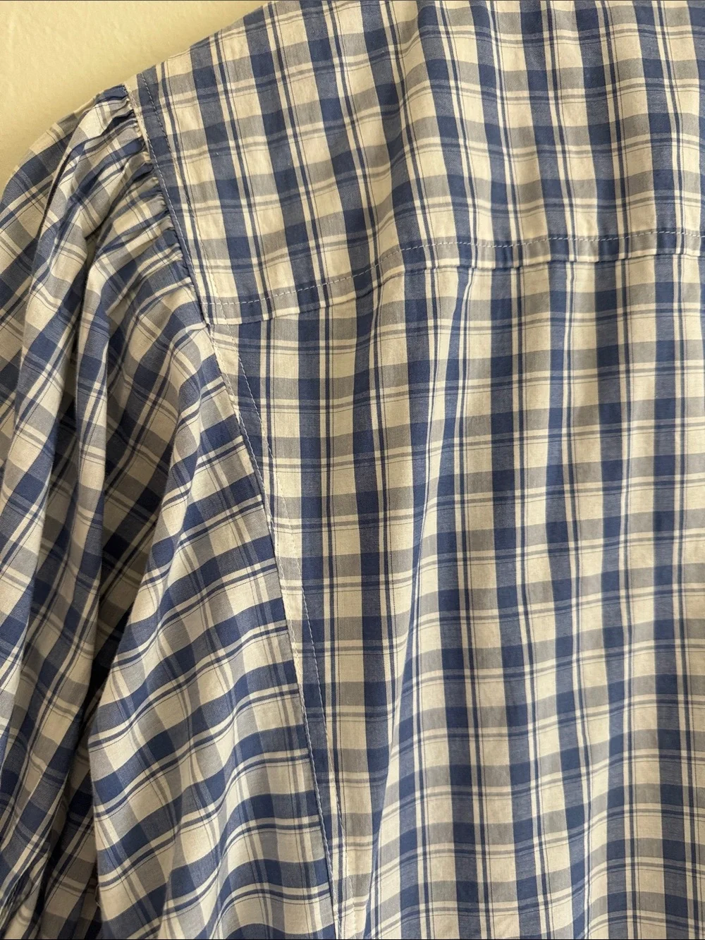Madewell Blue and White Plaid Puff Sleeve Button-Front Top